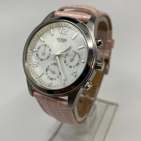 Guess Silvertone Stainless Steel Watch Pink Leather Band, Working New Battery - Picture 1 of 8